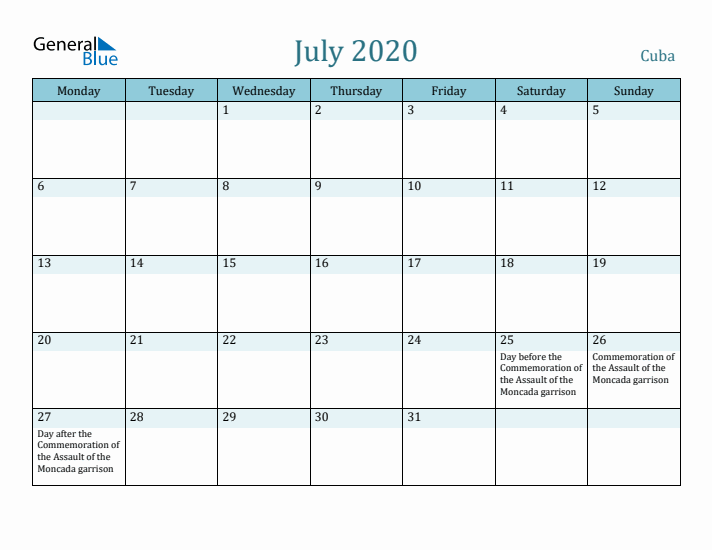 July 2020 Calendar with Holidays