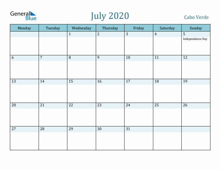 July 2020 Calendar with Holidays