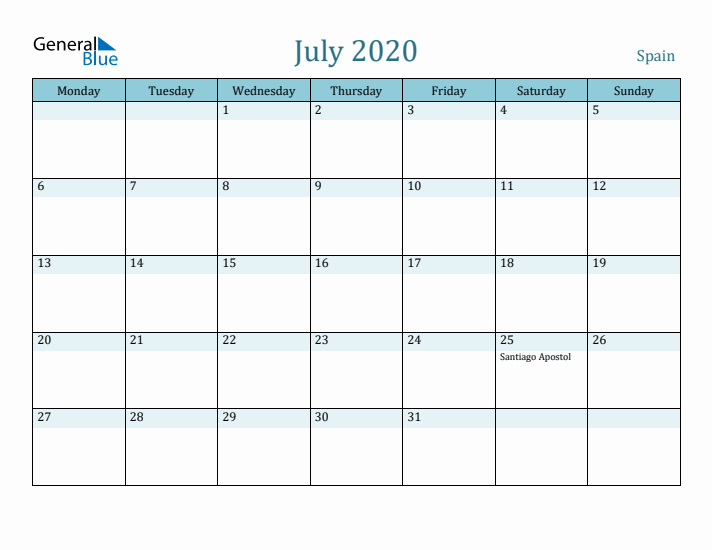 July 2020 Calendar with Holidays