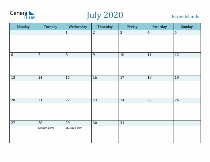 July 2020 Calendar with Holidays