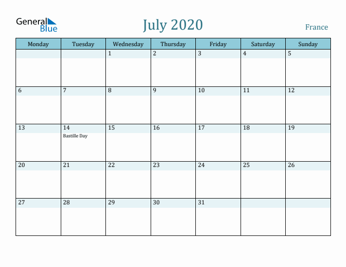 July 2020 Calendar with Holidays