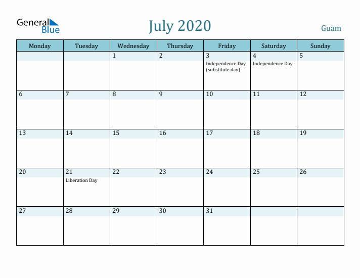 July 2020 Calendar with Holidays