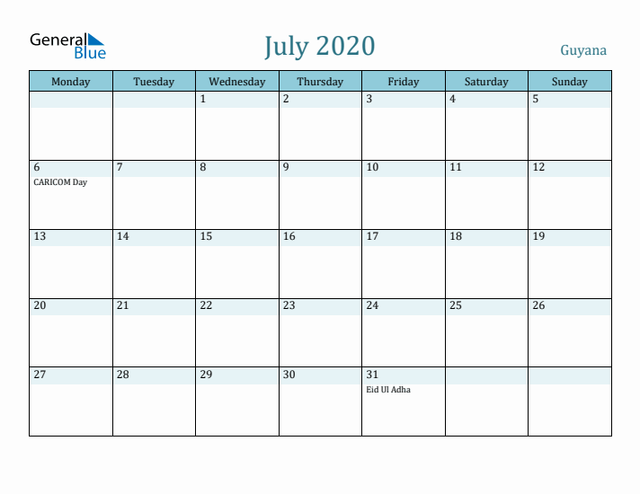 July 2020 Calendar with Holidays