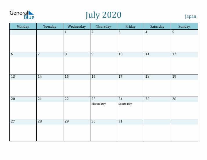 July 2020 Calendar with Holidays