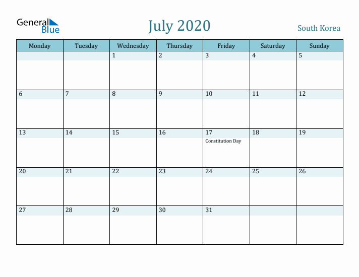 July 2020 Calendar with Holidays