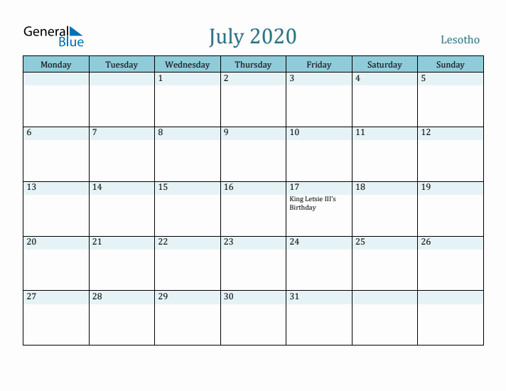 July 2020 Calendar with Holidays