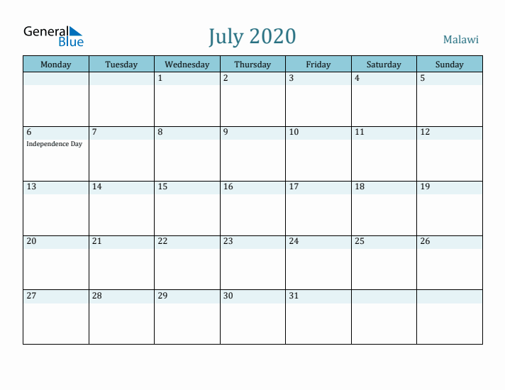 July 2020 Calendar with Holidays