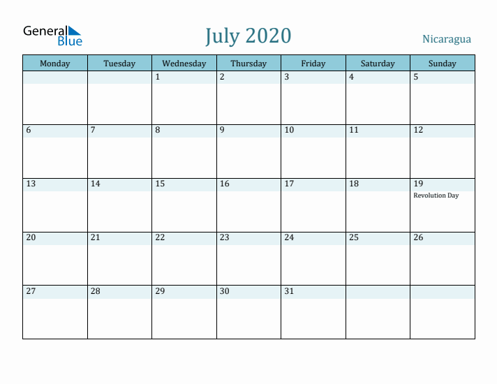 July 2020 Calendar with Holidays