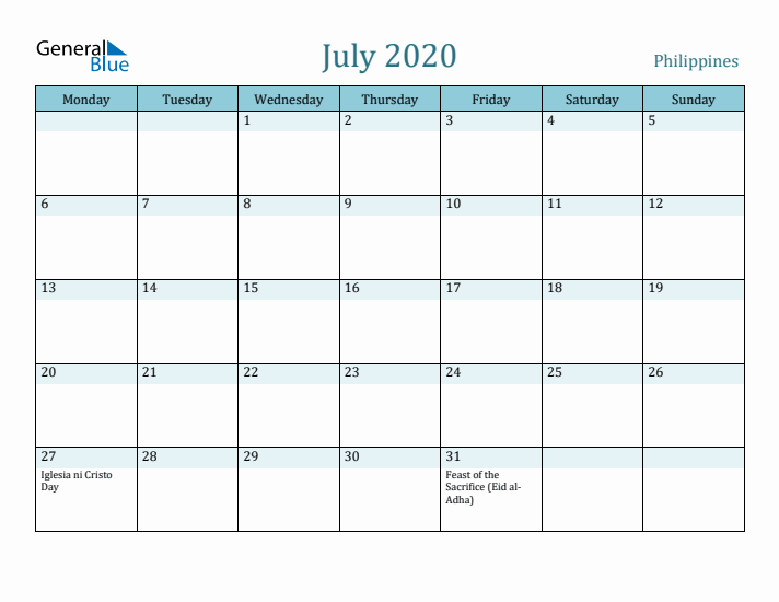 July 2020 Calendar with Holidays