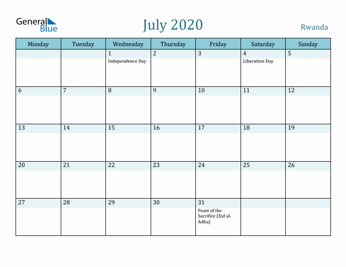 July 2020 Calendar with Holidays