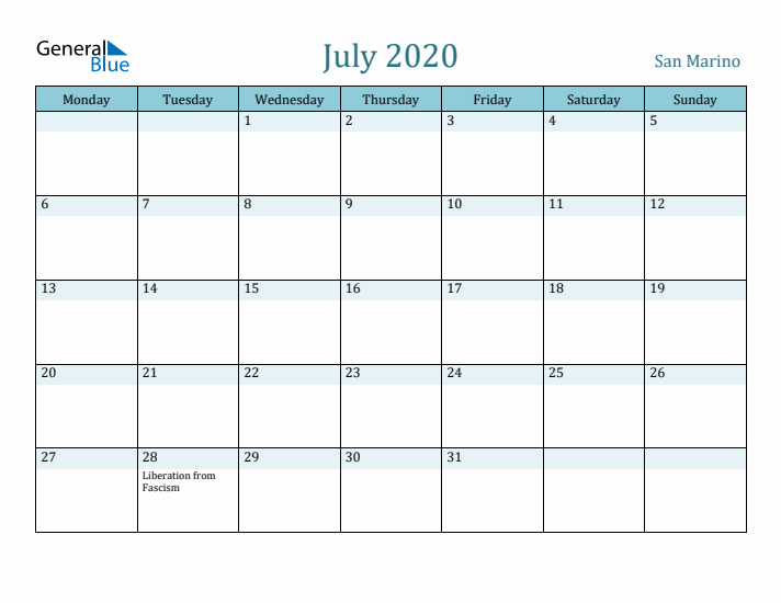 July 2020 Calendar with Holidays