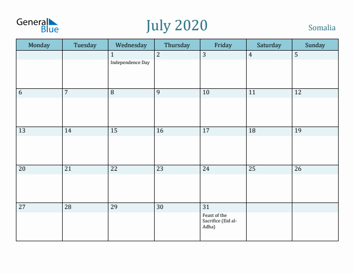 July 2020 Calendar with Holidays