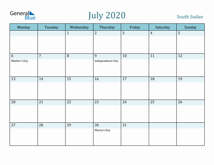 July 2020 Calendar with Holidays