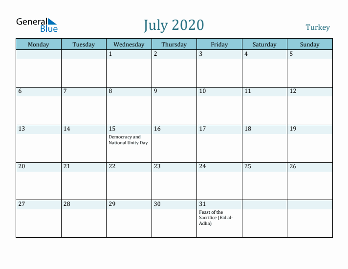 July 2020 Calendar with Holidays