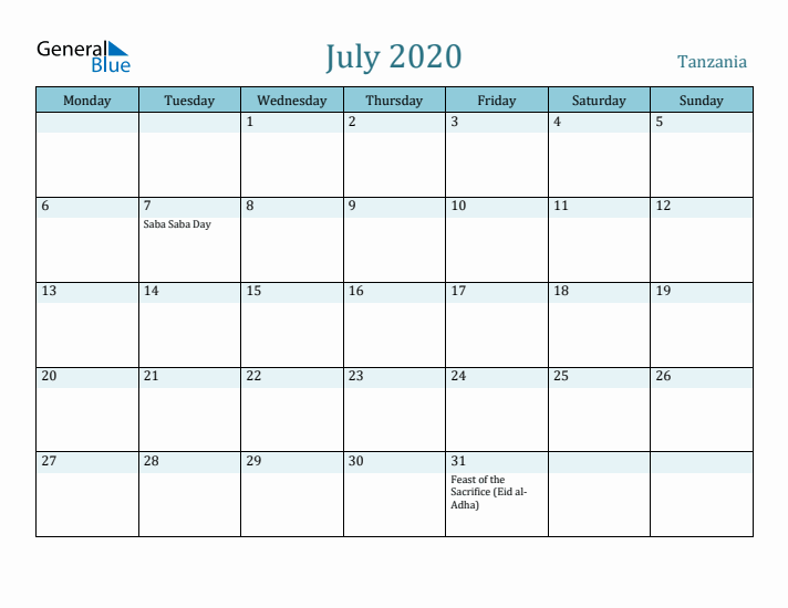 July 2020 Calendar with Holidays