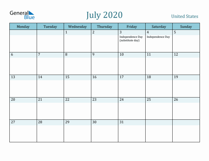 July 2020 Calendar with Holidays