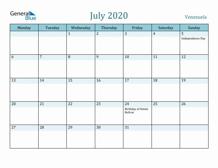 July 2020 Calendar with Holidays