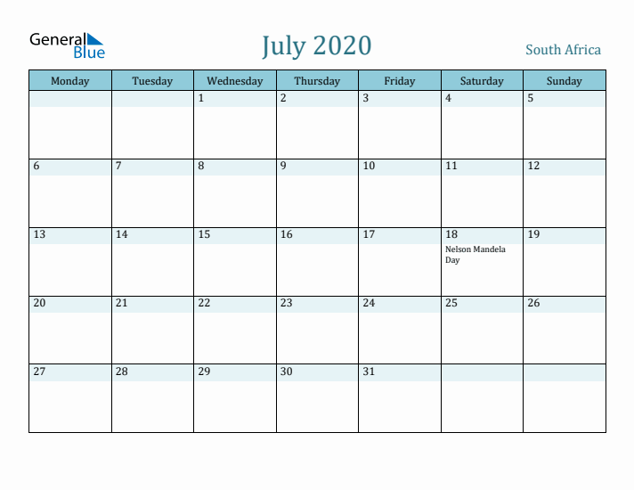 July 2020 Calendar with Holidays