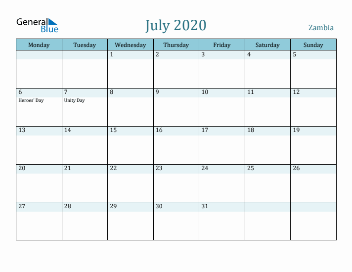 July 2020 Calendar with Holidays