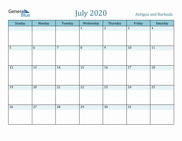 July 2020 Calendar with Holidays