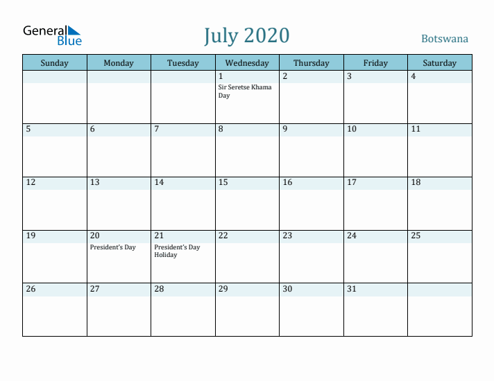 July 2020 Calendar with Holidays