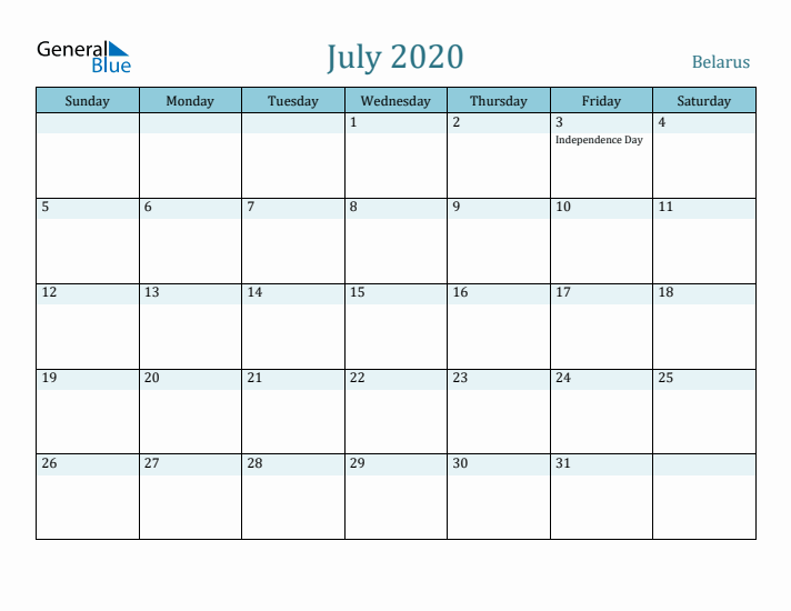 July 2020 Calendar with Holidays