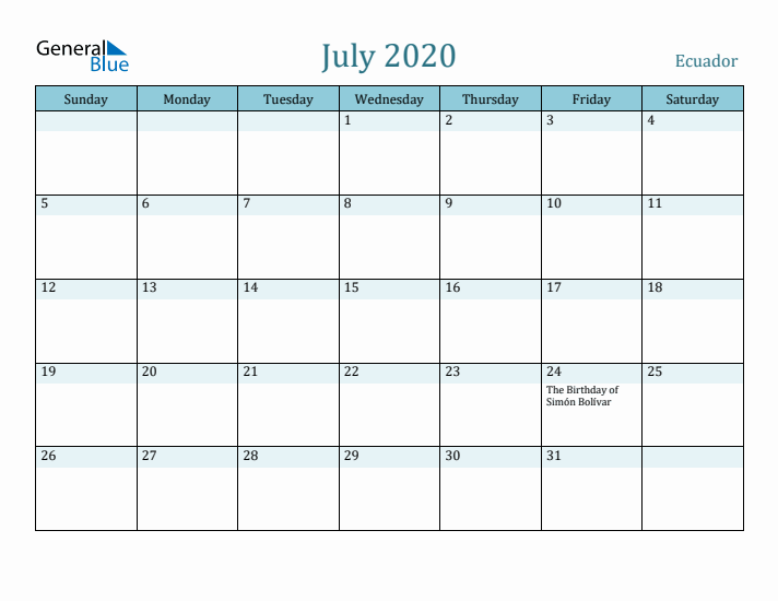 July 2020 Calendar with Holidays