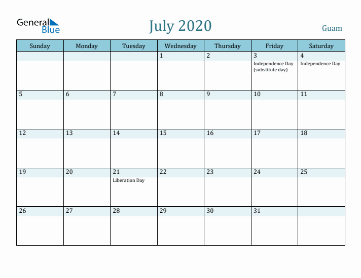 July 2020 Calendar with Holidays