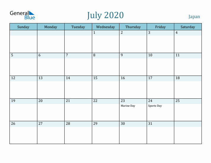 July 2020 Calendar with Holidays