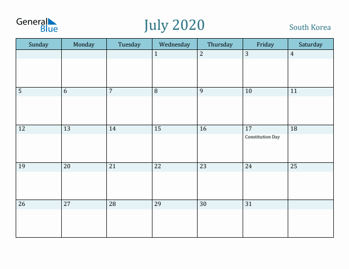 July 2020 Calendar with Holidays