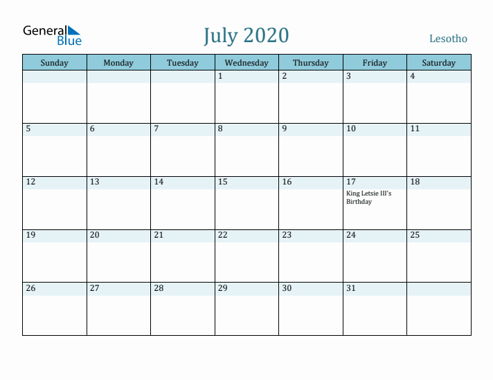 July 2020 Calendar with Holidays