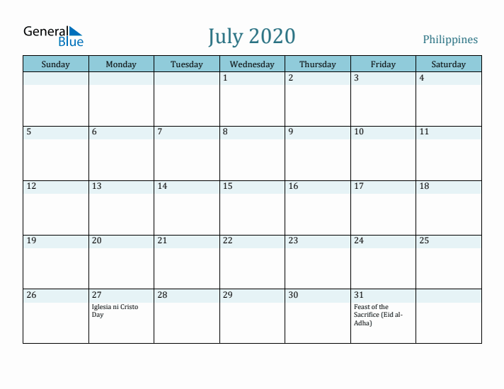 July 2020 Calendar with Holidays