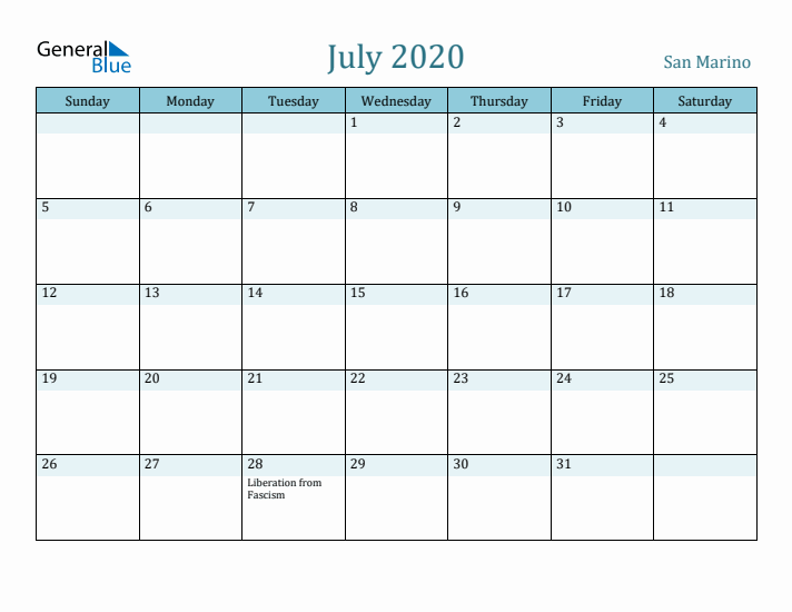 July 2020 Calendar with Holidays