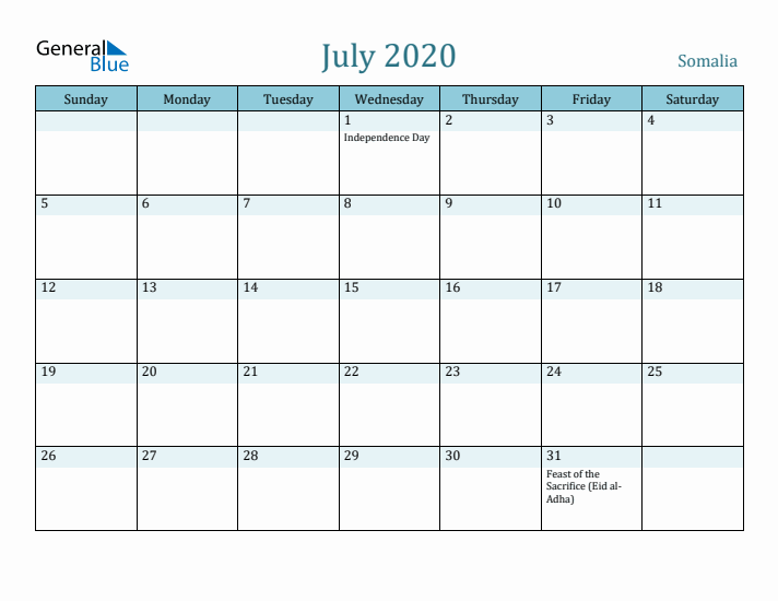 July 2020 Calendar with Holidays