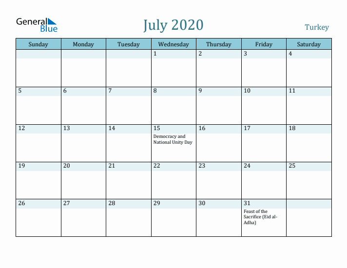 July 2020 Calendar with Holidays