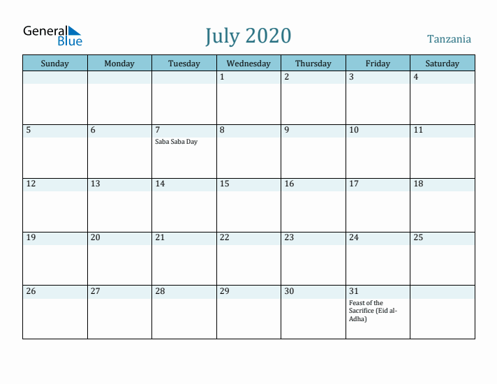 July 2020 Calendar with Holidays