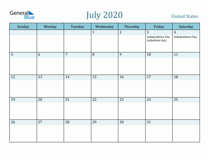 July 2020 Calendar with Holidays