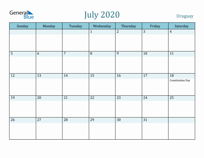 July 2020 Calendar with Holidays