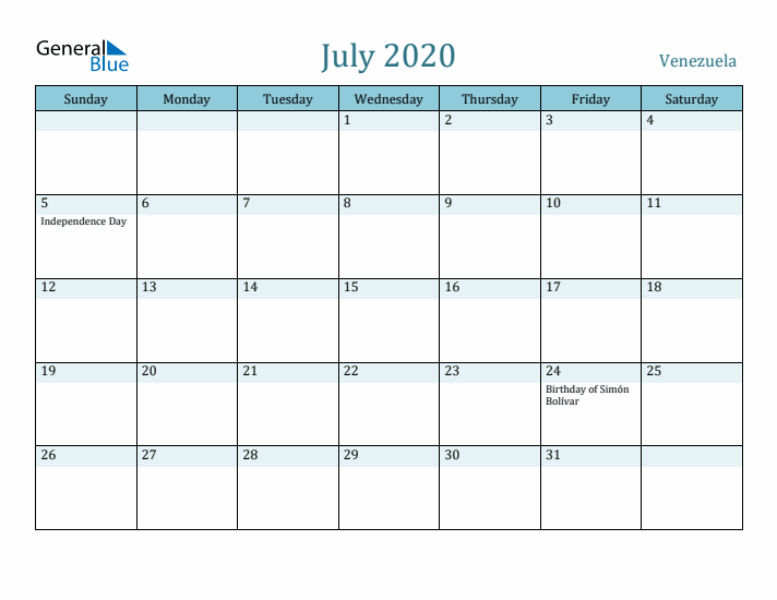 July 2020 Calendar with Holidays