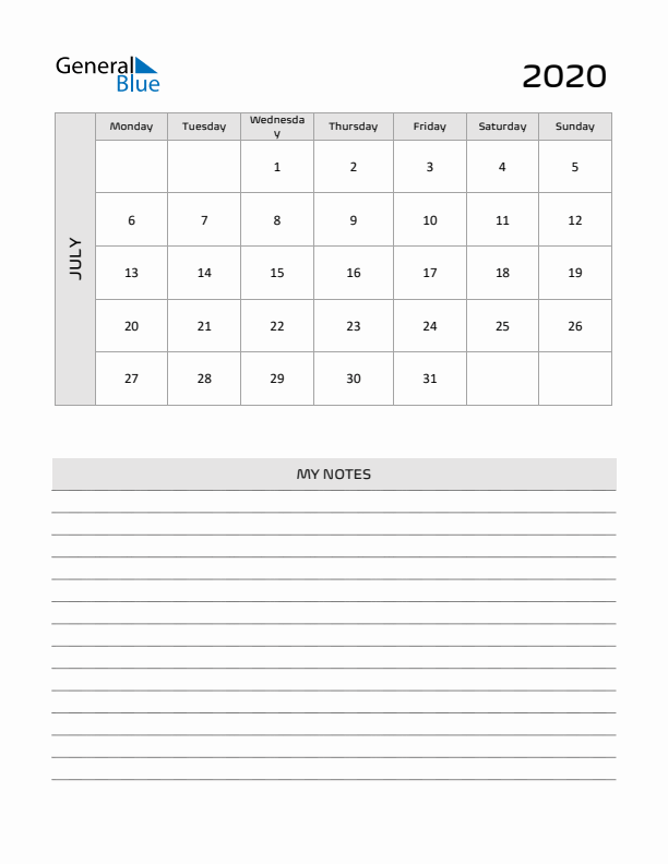 July 2020 Calendar Printable