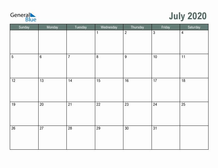 Free Printable July 2020 Calendar