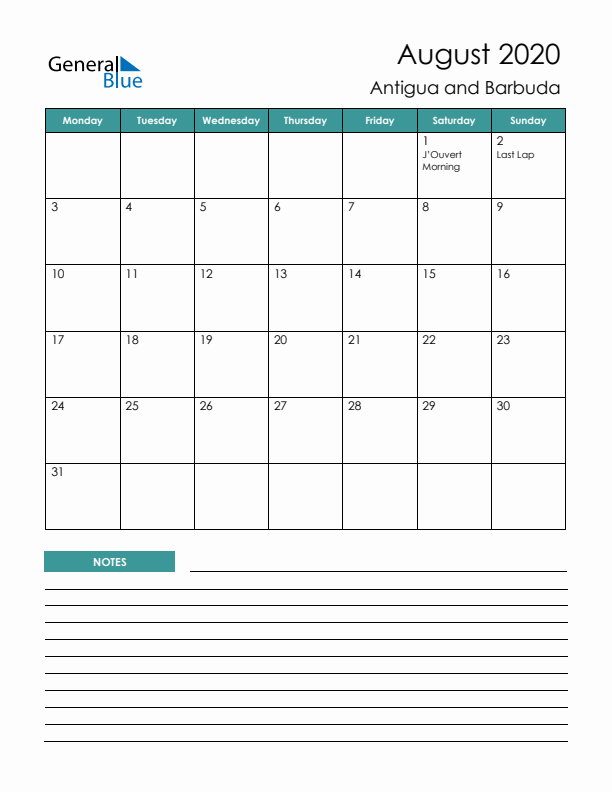 Calendar with Notes Printable - Monday Start