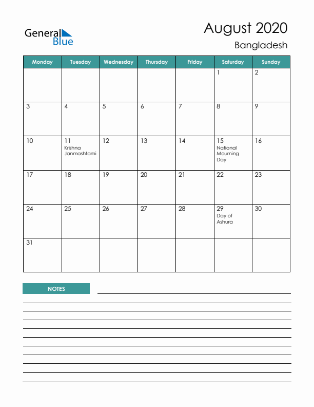 Calendar with Notes Printable - Monday Start