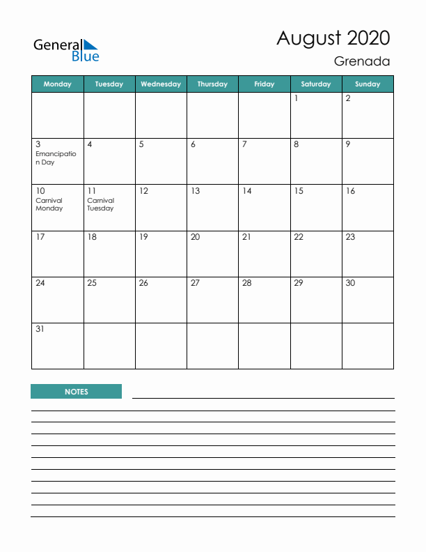 Calendar with Notes Printable - Monday Start