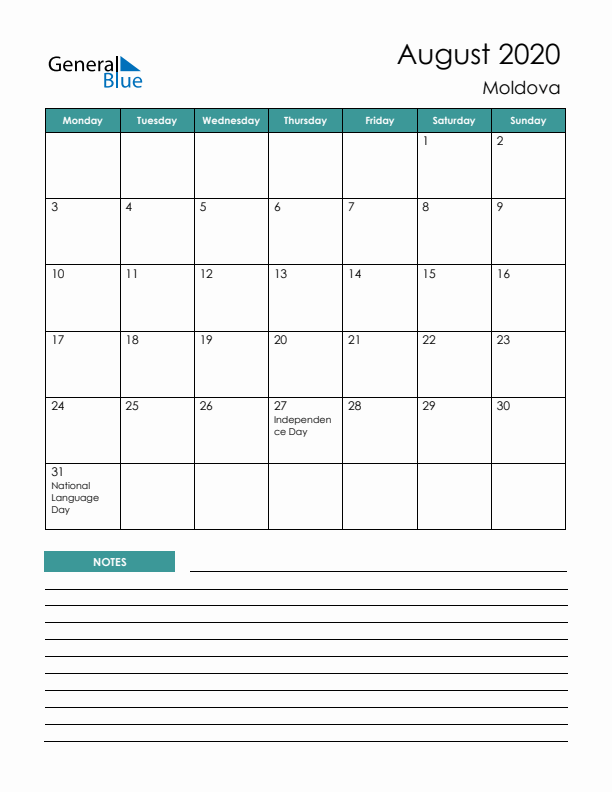 Calendar with Notes Printable - Monday Start