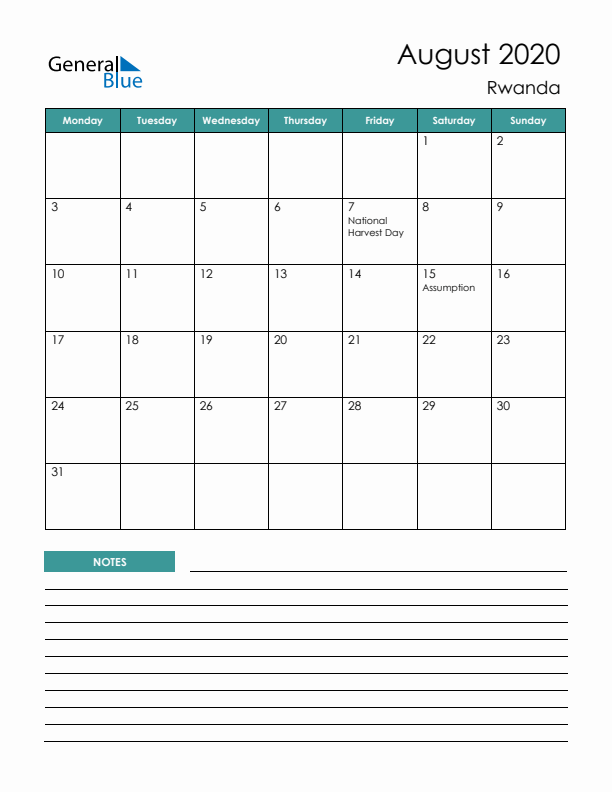 Calendar with Notes Printable - Monday Start