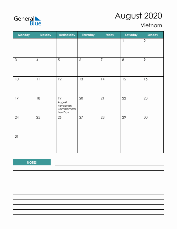 Calendar with Notes Printable - Monday Start