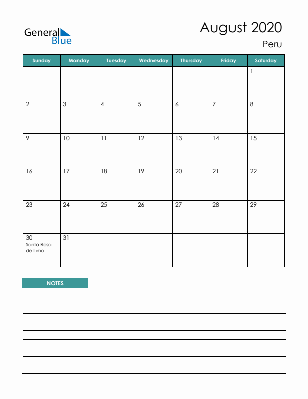 Calendar with Notes Printable - Sunday Start