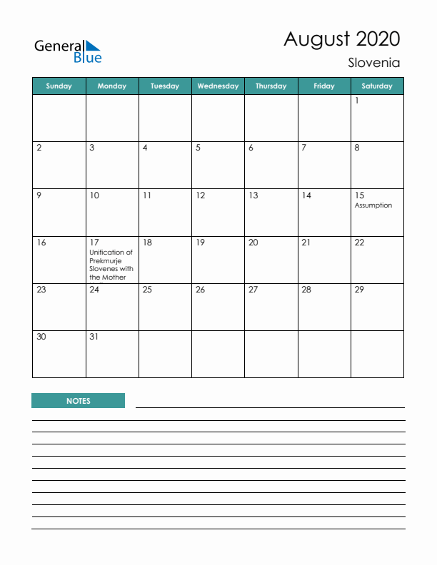 Calendar with Notes Printable - Sunday Start