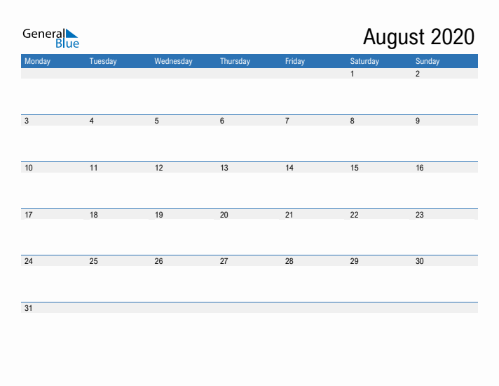 Fillable Calendar for August 2020